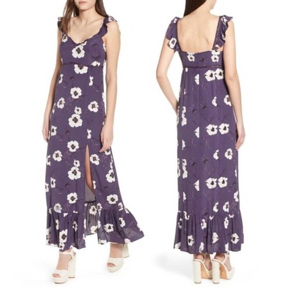 Leith Dress Small Purple Floral A-Line Maxi Slit Ruffle Sleeveless - Picture 3 of 11